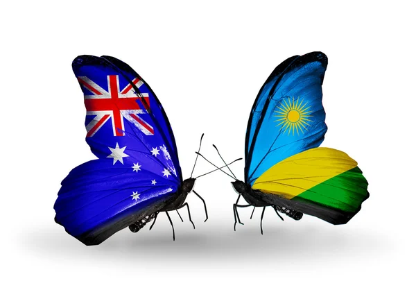 Two butterflies with flags of relations Australia and Rwanda — Stock Photo, Image