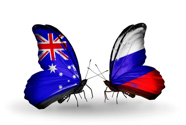 Dos mariposas con banderas de relaciones Australia y Rusia — Foto de Stock