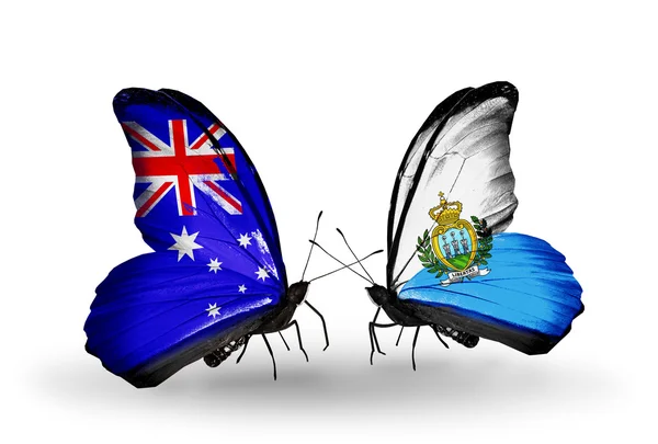 Two butterflies with flags of relations Australia and San Marino — Stock Photo, Image