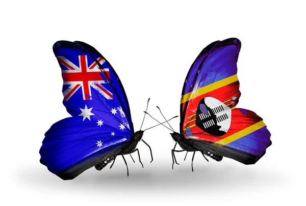Två fjärilar med flaggor av förbindelserna mellan Australien och swaziland — Stockfoto