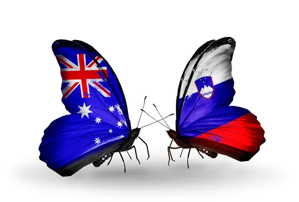 Dos mariposas con banderas de relaciones Australia y Eslovenia —  Fotos de Stock