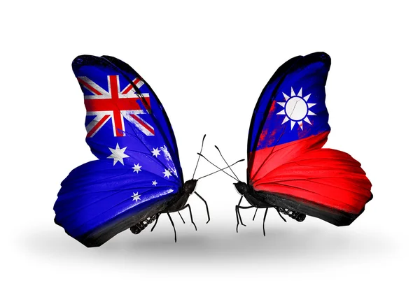 Dos mariposas con banderas de relaciones Australia y Taiwán — Foto de Stock