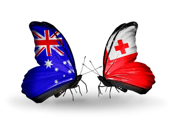 Dos mariposas con banderas de relaciones Australia y Tonga —  Fotos de Stock