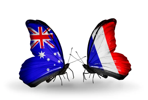 Dos mariposas con banderas de relaciones Australia y Francia — Foto de Stock