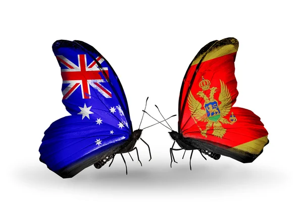 Dos mariposas con banderas de relaciones Australia y Montenegro —  Fotos de Stock