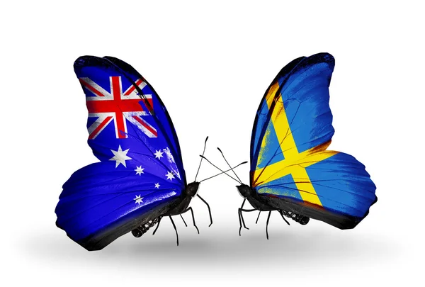 Dos mariposas con banderas de relaciones Australia y Suecia — Foto de Stock