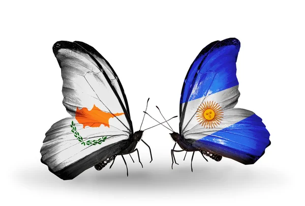 Two butterflies with flags of relations Cyprus and Argentina — Stock Photo, Image