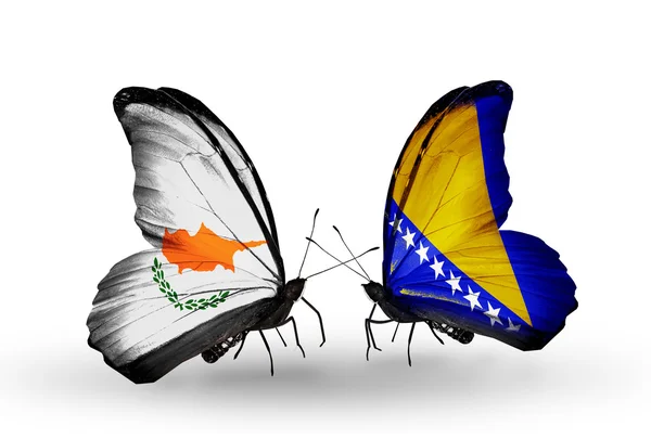 Two butterflies with flags of relations Cyprus and Bosnia and Herzegovina — Stock Photo, Image