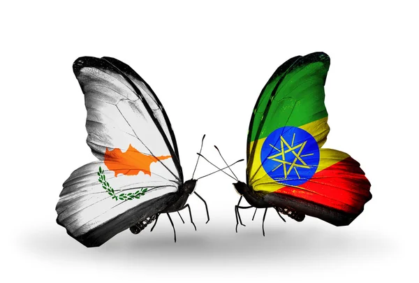 Two butterflies with flags of relations Cyprus and Ethiopia — Stock Photo, Image