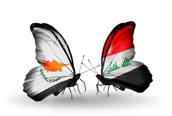Dva motýli s vlajkami vztahů, Kypru a Irák — Stock fotografie