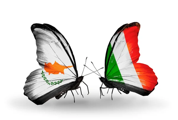Två fjärilar med flaggor av förbindelserna mellan Cypern och Irland — Stockfoto