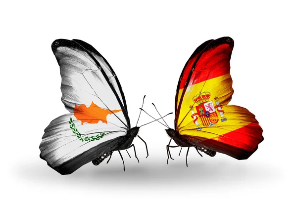 Two butterflies with flags of relations Cyprus and Spain — Stock Photo, Image