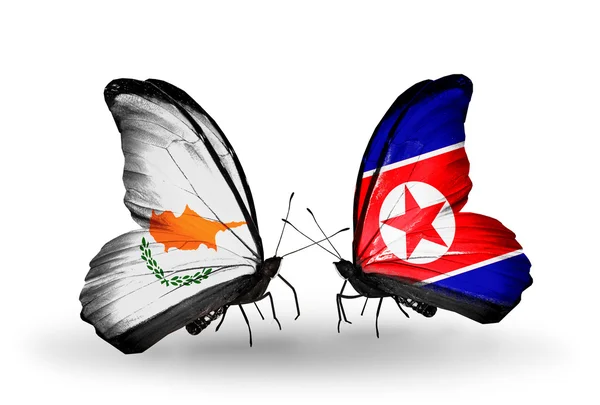 Two butterflies with flags of relations Cyprus and North Korea — Stock Photo, Image