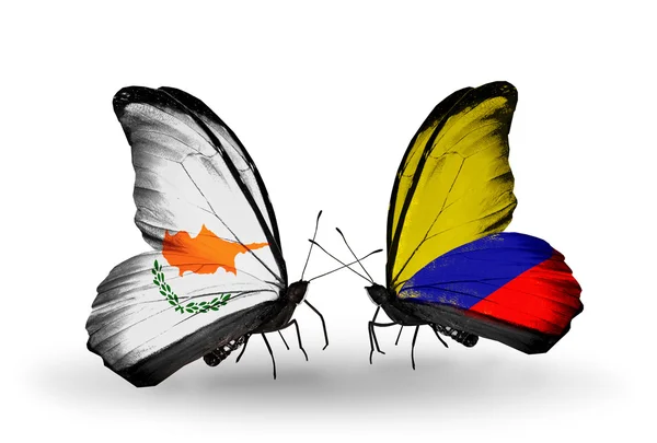 Two butterflies with flags of relations Cyprus and Columbia — Stock Photo, Image