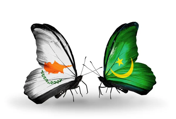 Two butterflies with flags of relations Cyprus and Mauritania — Stock Photo, Image