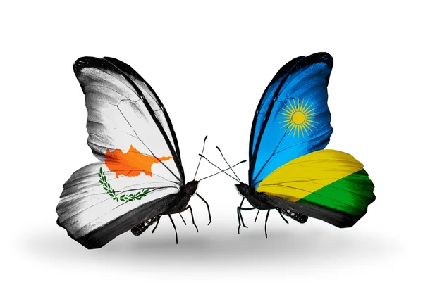 Two butterflies with flags of relations Cyprus and Rwanda — Stock Photo, Image