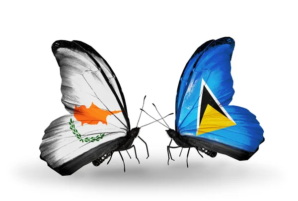 Two butterflies with flags of relations Cyprus and Saint Lucia — Stock Photo, Image