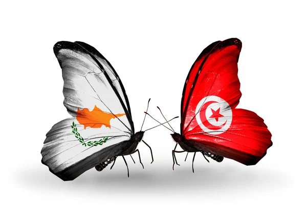 Duas borboletas com bandeiras de relações Chipre e Tunísia — Fotografia de Stock