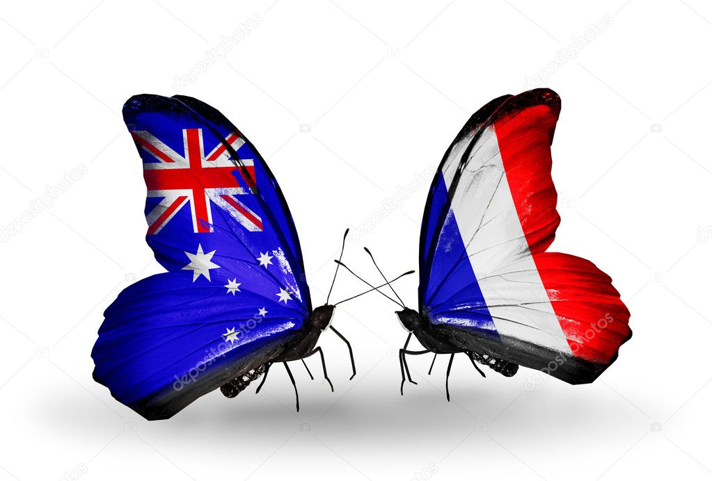 Two butterflies with flags of relations Australia and France Stock