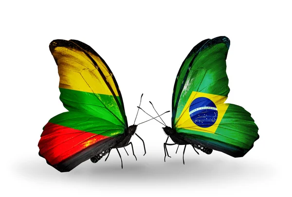Butterflies with flags of Lithuania and Brazil — Stock Photo, Image