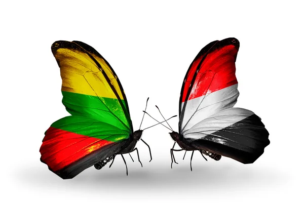 Butterflies with flags of Lithuania and Yemen — Stock Photo, Image