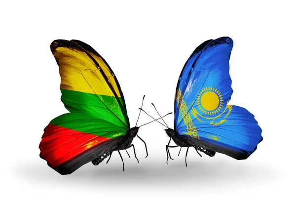 Butterflies with flags of Lithuania and Kazakhstan — Stock Photo, Image