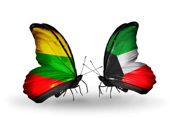 Butterflies with flags of Lithuania and Kuwait — Stock Photo, Image