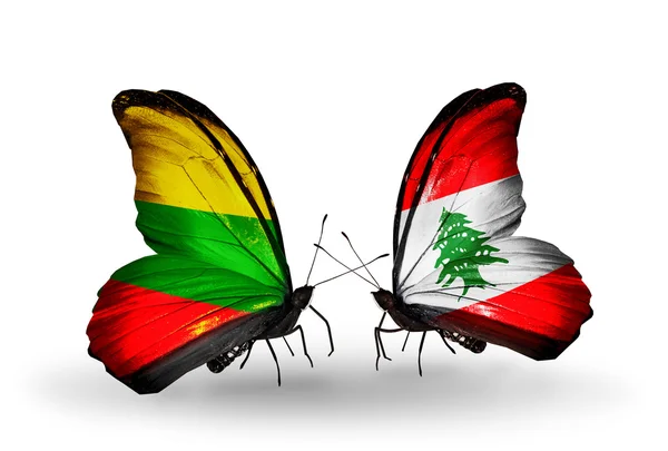 Butterflies with flags of Lithuania and Lebanon — Stock Photo, Image