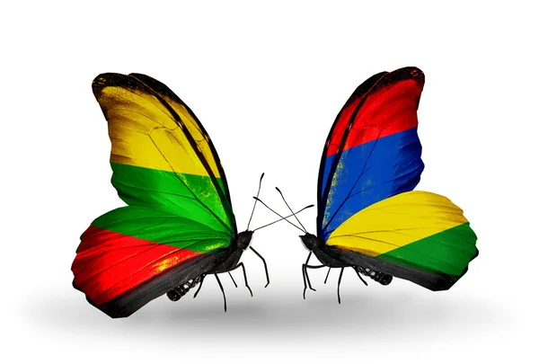 Butterflies with flags of Lithuania and Mauritius — Stock Photo, Image