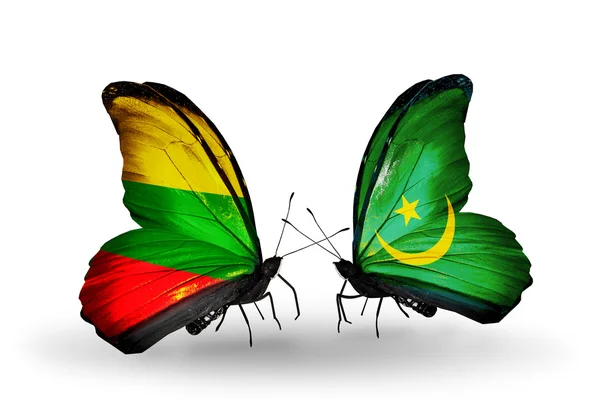 蝴蝶与立陶宛和毛里塔尼亚的国旗 — 图库照片