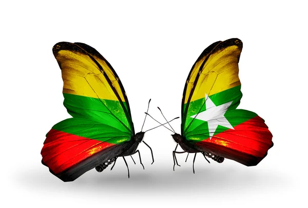 Butterflies with flags of Lithuania and Myanmar — Stock Photo, Image