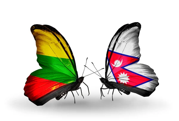 Borboletas com bandeiras da Lituânia e Nepal — Fotografia de Stock