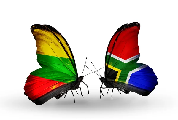 Borboletas com bandeiras da Lituânia e África do Sul — Fotografia de Stock