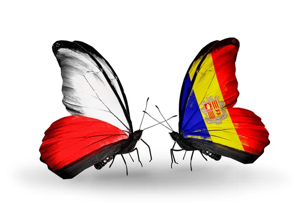 Butterflies with flags of Poland and Andorra — Stock Photo, Image