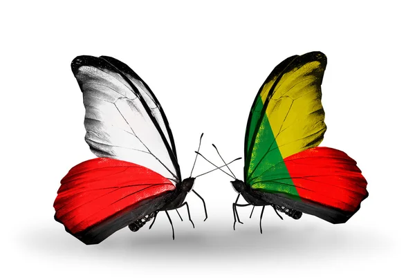 Butterflies with flags of Poland and Benin — Stock Photo, Image