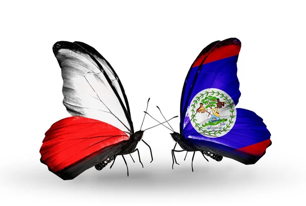 Papillons avec des drapeaux de Pologne et Belize — Photo