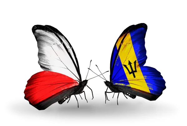 Butterflies with flags of Poland and Barbados — Stock Photo, Image