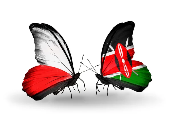 Two butterflies with flags  of Poland and Kenya — Stock Photo, Image