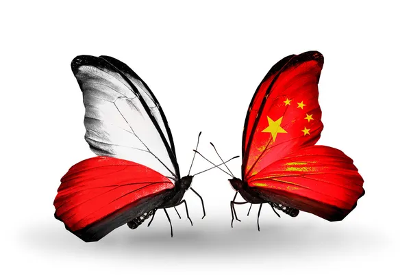 Две бабочки с флагами Польши и Китая — стоковое фото