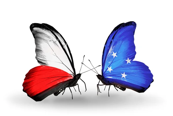 Two butterflies with flags  of Poland and Micronesia — Stock Photo, Image