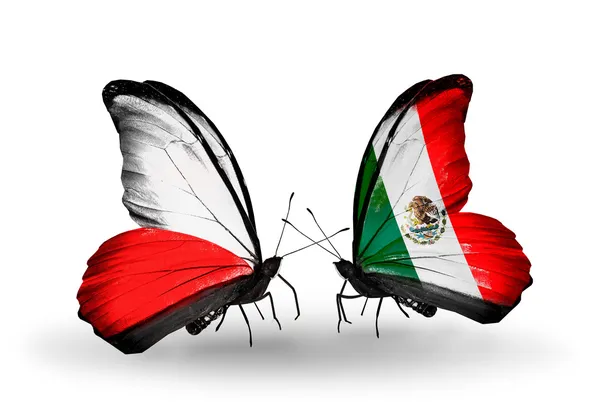 Twee vlinders met vlaggen van Polen en mexico — Stockfoto