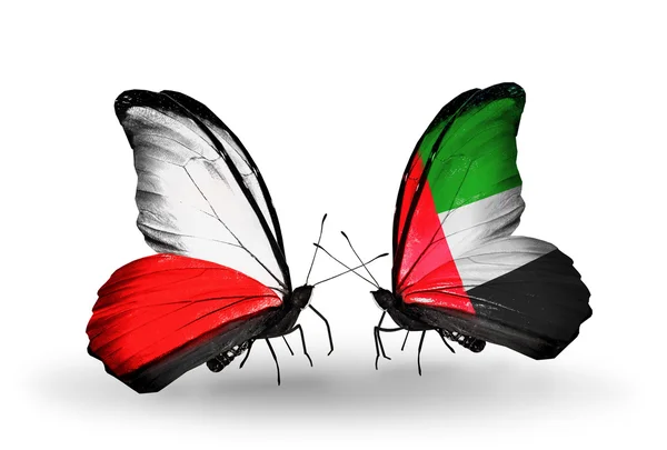 ポーランド、アラブ首長国連邦の国旗と 2 匹の蝶 — ストック写真