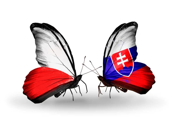 Two butterflies with flags  of  Poland and Slovakia — Stock Photo, Image