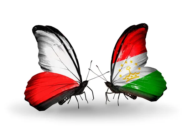 ポーランド、タジキスタンの国旗と 2 匹の蝶 — ストック写真