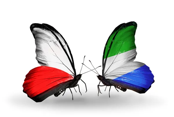 Duas borboletas com bandeiras da Polônia e Serra Leoa — Fotografia de Stock