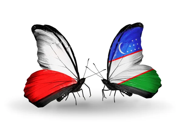 Two butterflies with flags  of  Poland and Uzbekistan — Stock Photo, Image