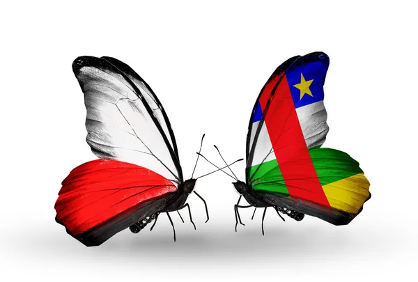 Two butterflies with flags  of Poland and Central African Republic — Stock Photo, Image