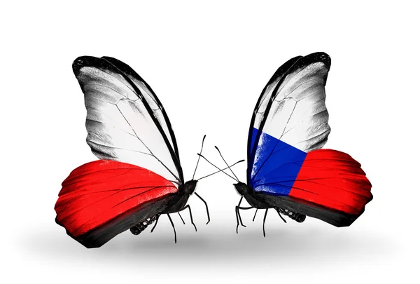 Two butterflies with flags  of Poland and Czech — Stock Photo, Image