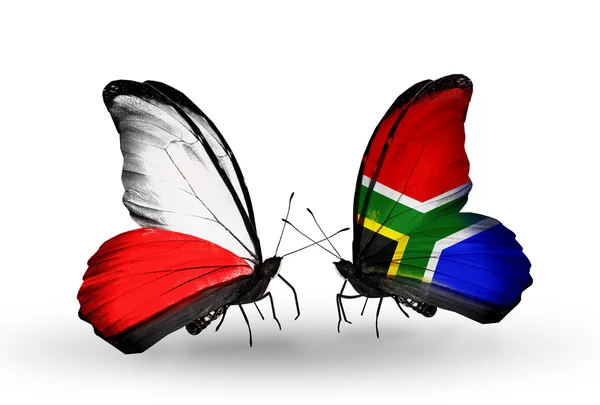 Two butterflies with flags  of Poland and South Africa — Stock Photo, Image