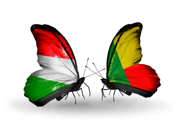 Duas borboletas com bandeiras da Hungria e Benim — Fotografia de Stock